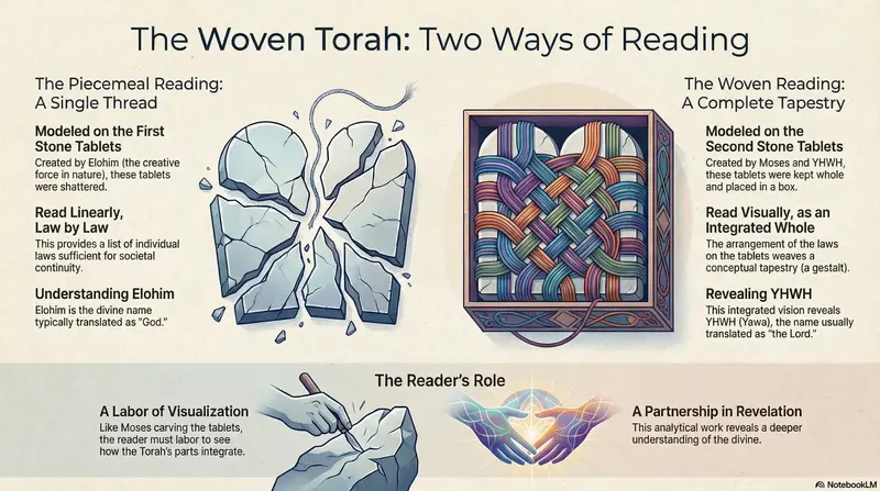 The Woven Torah: Two Ways of Reading - Infographic showing the contrast between piecemeal linear reading (shattered tablets) and woven structural reading (complete tapestry in ark)